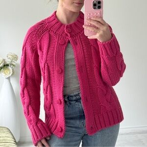 Vintage Hot Pink Cable Knit Cardigan Chunky Knit Sweater Cottagecore Grandpa